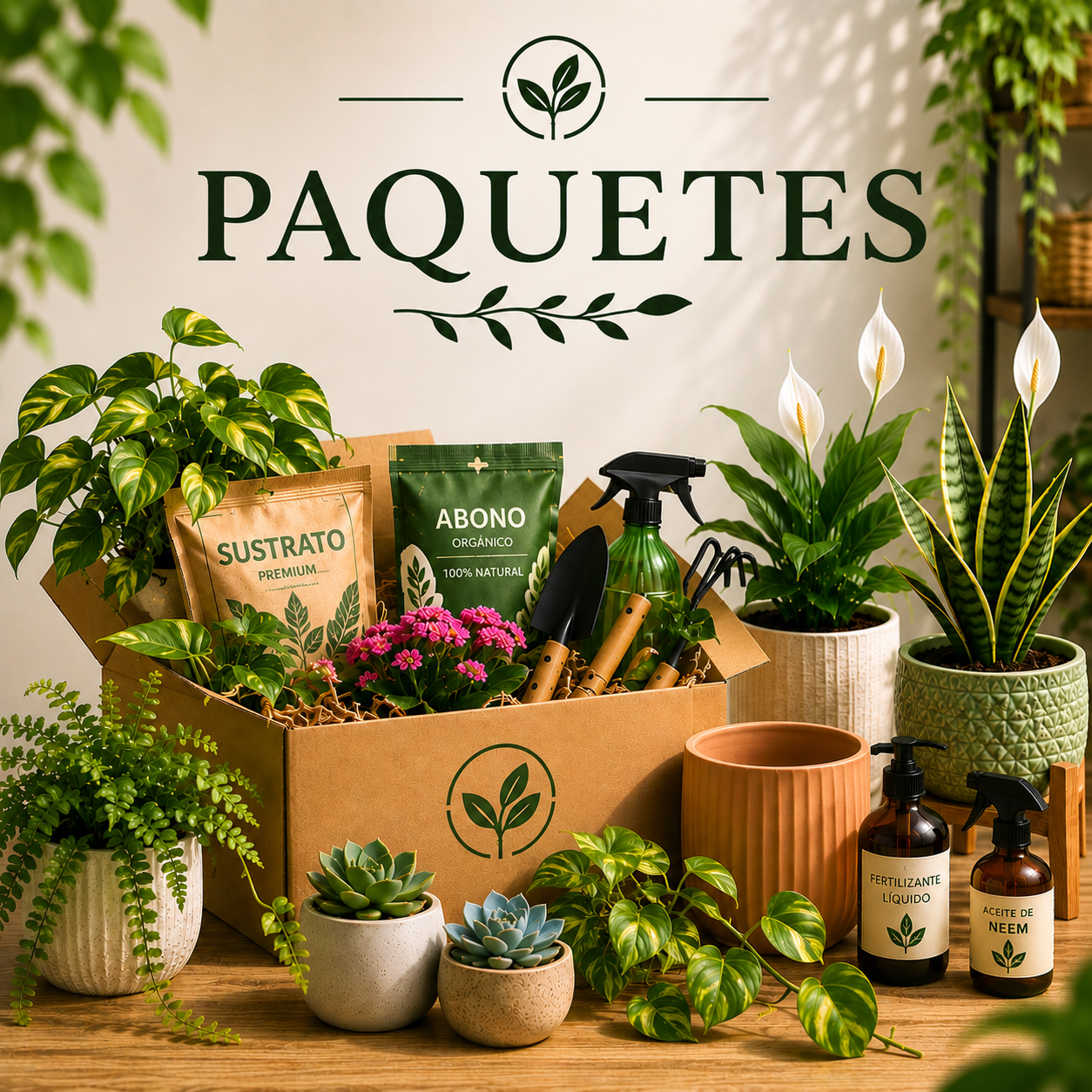 Paquete de productos para jardinería con plantas, sustrato, abono, herramientas y macetas.